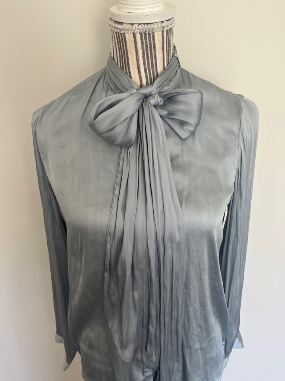 Zara - Dusty Blue Satin Bow-Neck Blouse - Picture 2 of 9